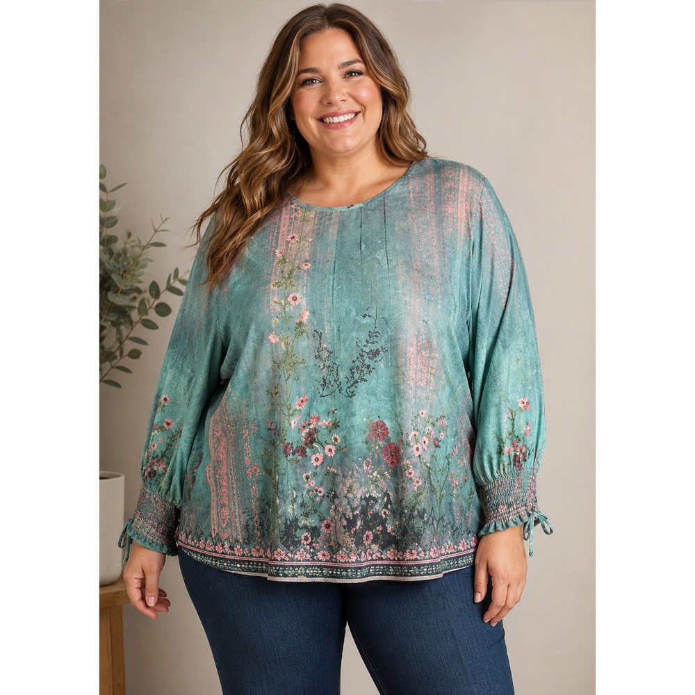 Unbranded Floral Pleated Blouse Women 3XL Teal Green Boho Smocked Cuff Top